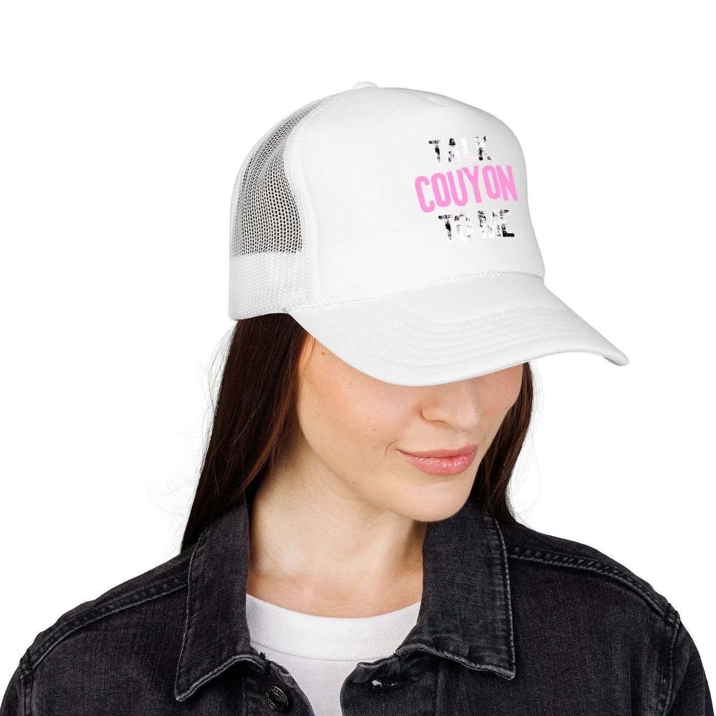 Talk Couyon To Me Trucker Hat — Funny Creole Phrase Foam Cap