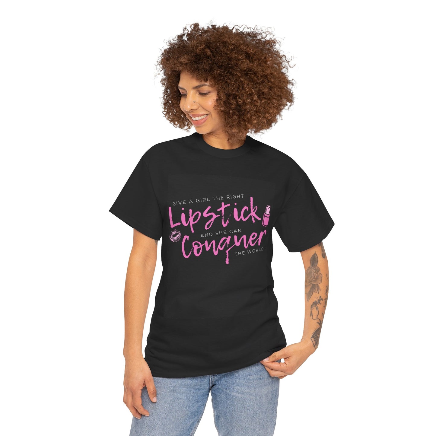 Lipstick Conquer Graphic Tee | Unisex Heavy Cotton Shirt for Empowerment, Gift for Her, Casual Wear, Women’s Rights, Everyday Confidence