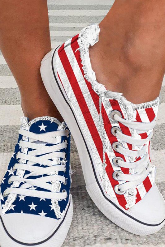 Red & Blue American Flag Lace-up Canvas Flat Shoes