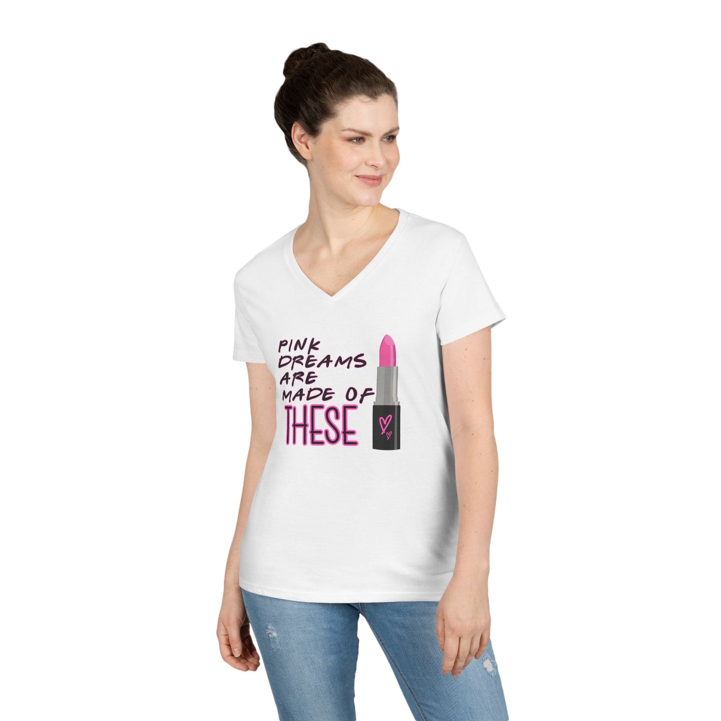 Pink Dreams V-Neck T-Shirt | Cute Gift for Makeup Lovers, Stylish Casual Wear, Birthday Tee, Women’s Fashion Top
