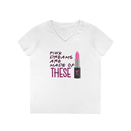 Pink Dreams V-Neck T-Shirt | Cute Gift for Makeup Lovers, Stylish Casual Wear, Birthday Tee, Women’s Fashion Top