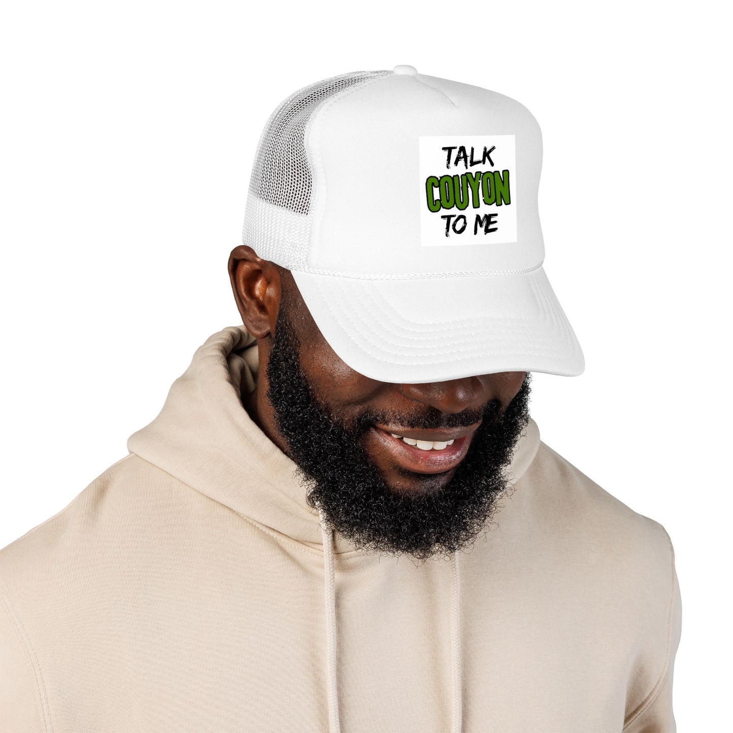 Talk Couyon To Me Trucker Hat — Foam Mesh Cap with Sassy Caribbean Phrase
