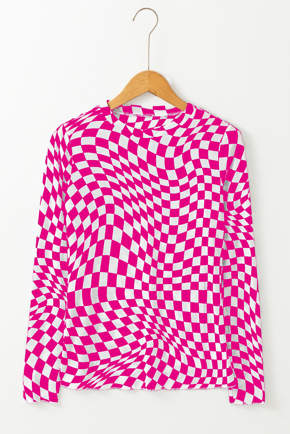 Pink Checkered Pattern Mesh Mock Neck Long Sleeve Top