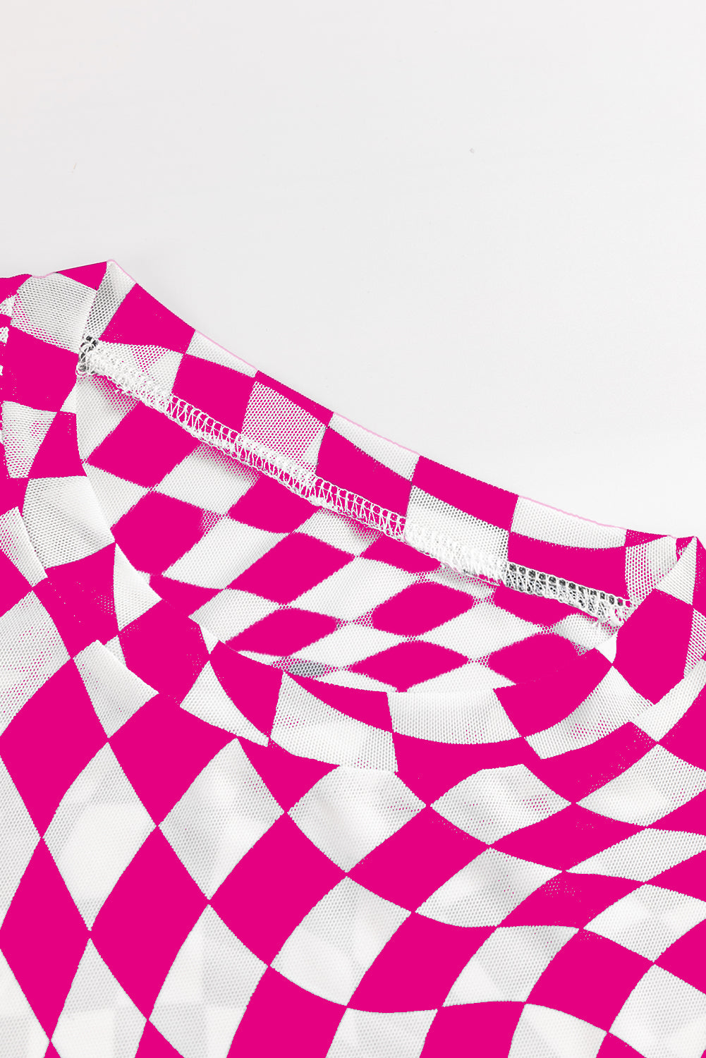 Pink Checkered Pattern Mesh Mock Neck Long Sleeve Top