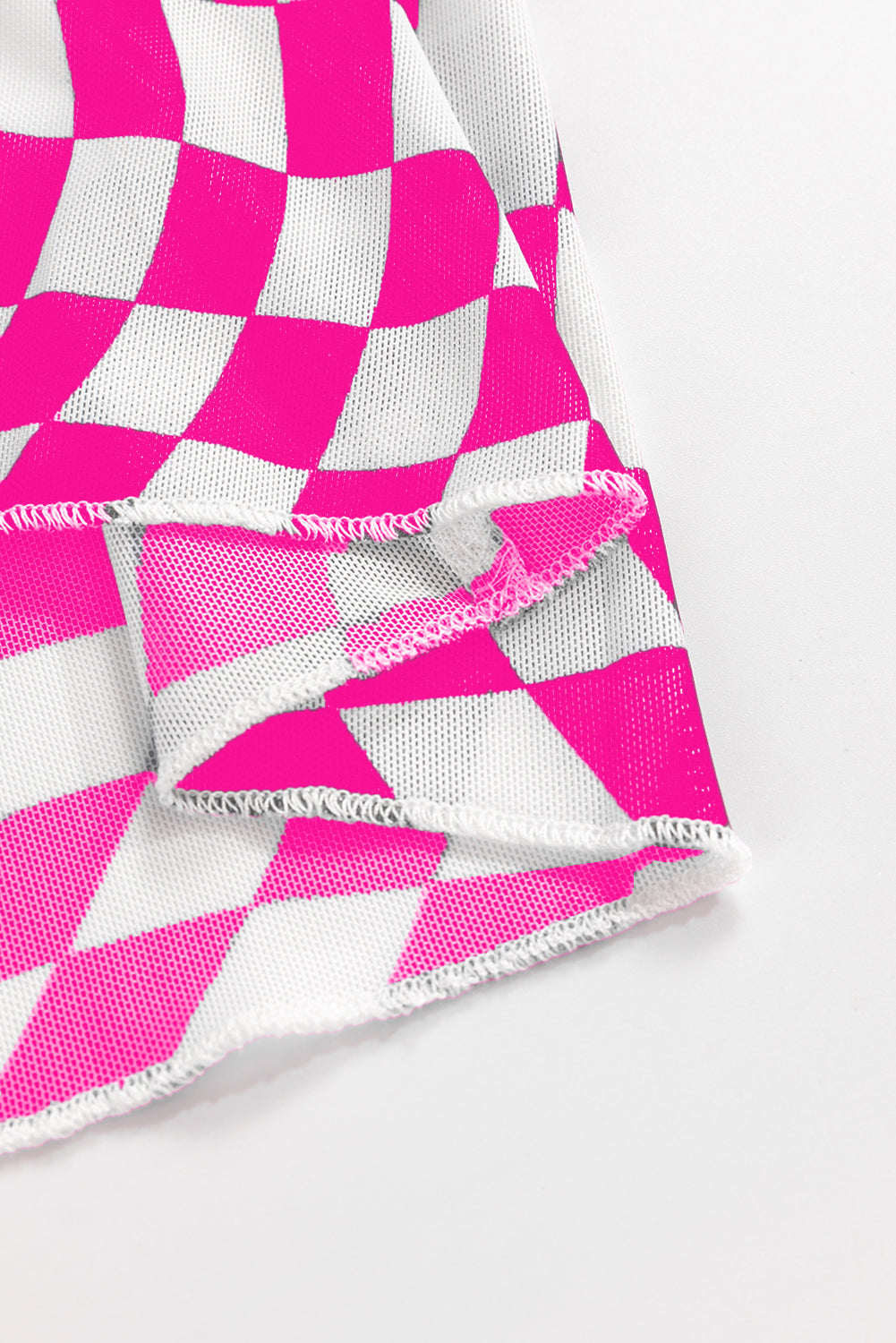 Pink Checkered Pattern Mesh Mock Neck Long Sleeve Top