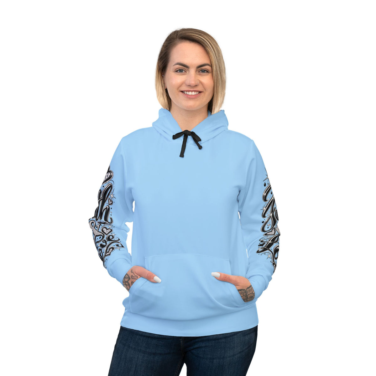 Athletic Hoodie — Light Blue "Love" Sleeve Graphic Hoodie