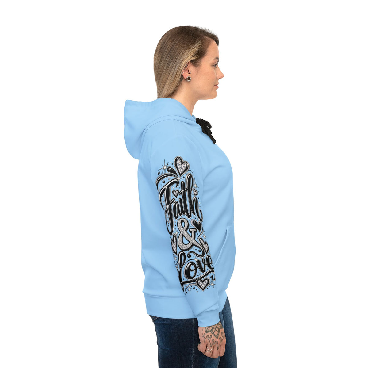 Athletic Hoodie — Light Blue "Love" Sleeve Graphic Hoodie