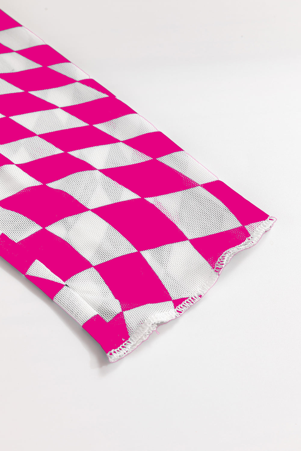 Pink Checkered Pattern Mesh Mock Neck Long Sleeve Top