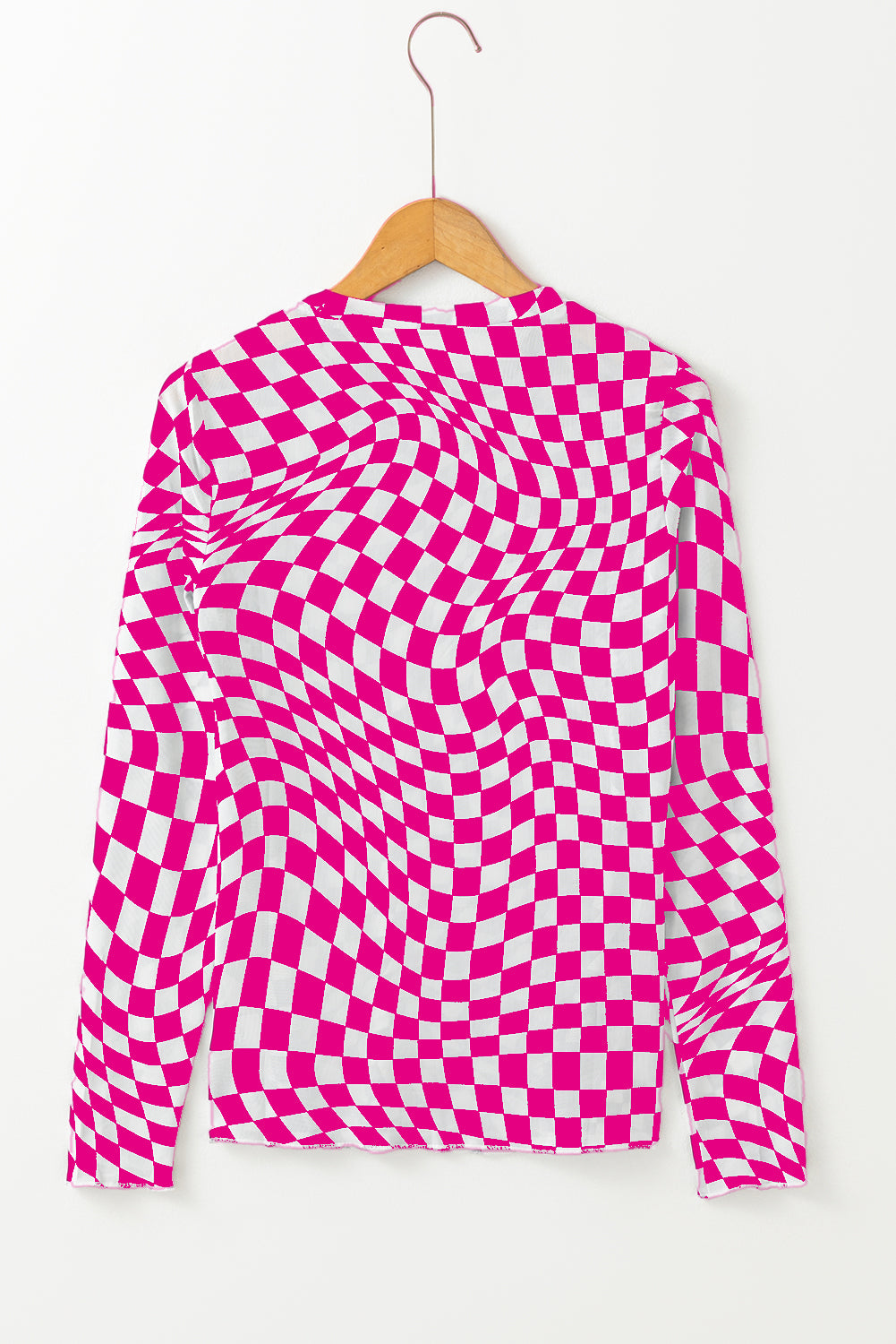 Pink Checkered Pattern Mesh Mock Neck Long Sleeve Top