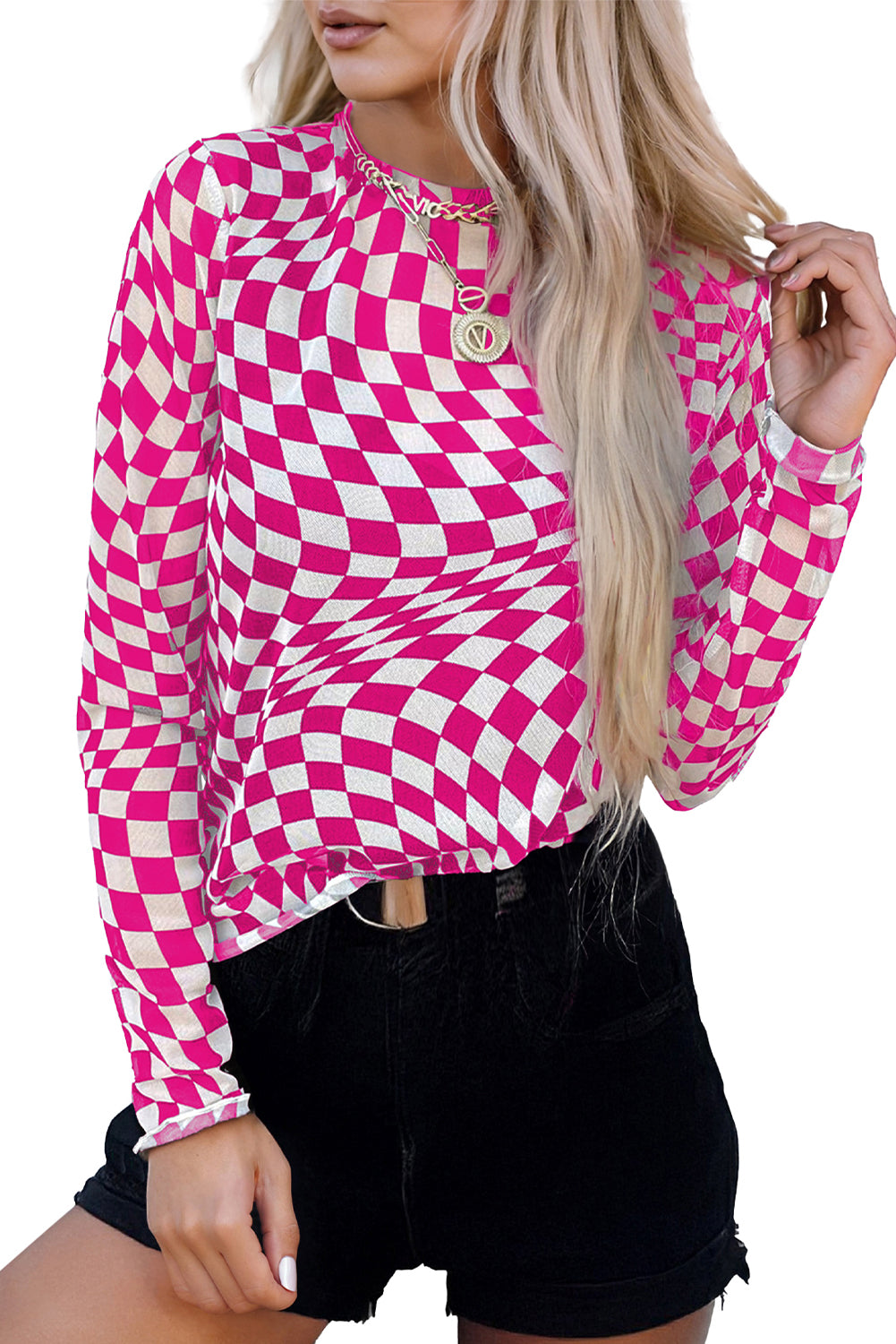 Pink Checkered Pattern Mesh Mock Neck Long Sleeve Top