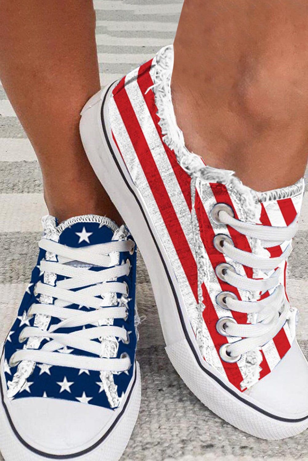 Red & Blue American Flag Lace-up Canvas Flat Shoes